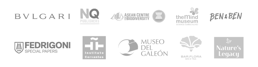 Logos of our clients: Bvlgari, NQ Publishers, ASEAN Centre for Biodiversity, The Mind Museum, Ben & Ben, Fedrigoni Special Papers, Instituto Cervantes, Museo del Galeon, Bar Flora Gin & Tea, Nature's Legacy
